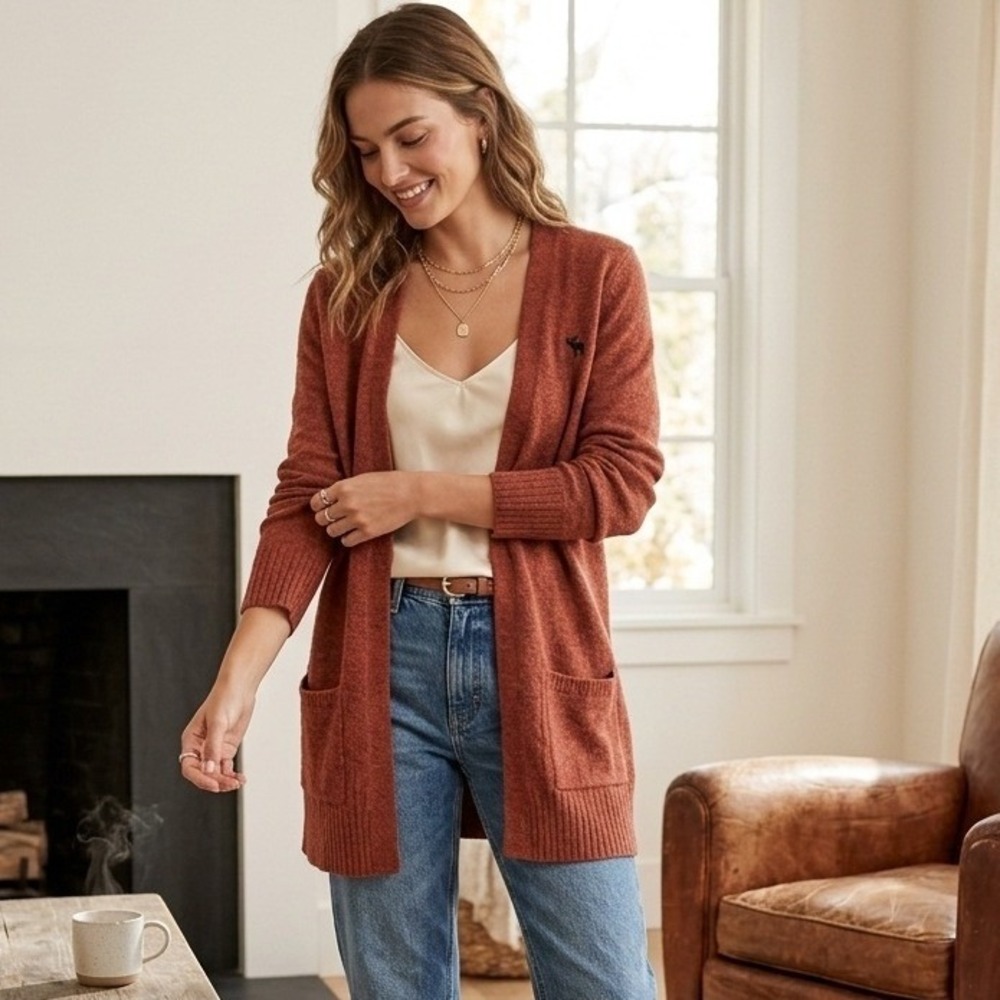Abercrombie & Fitch Cardigan Womens Large Rust Orange Open Front Logo Cozycore
